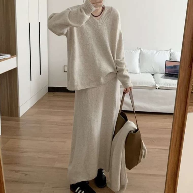 大人かわいい服 ふんわり優美ニットセットアップ