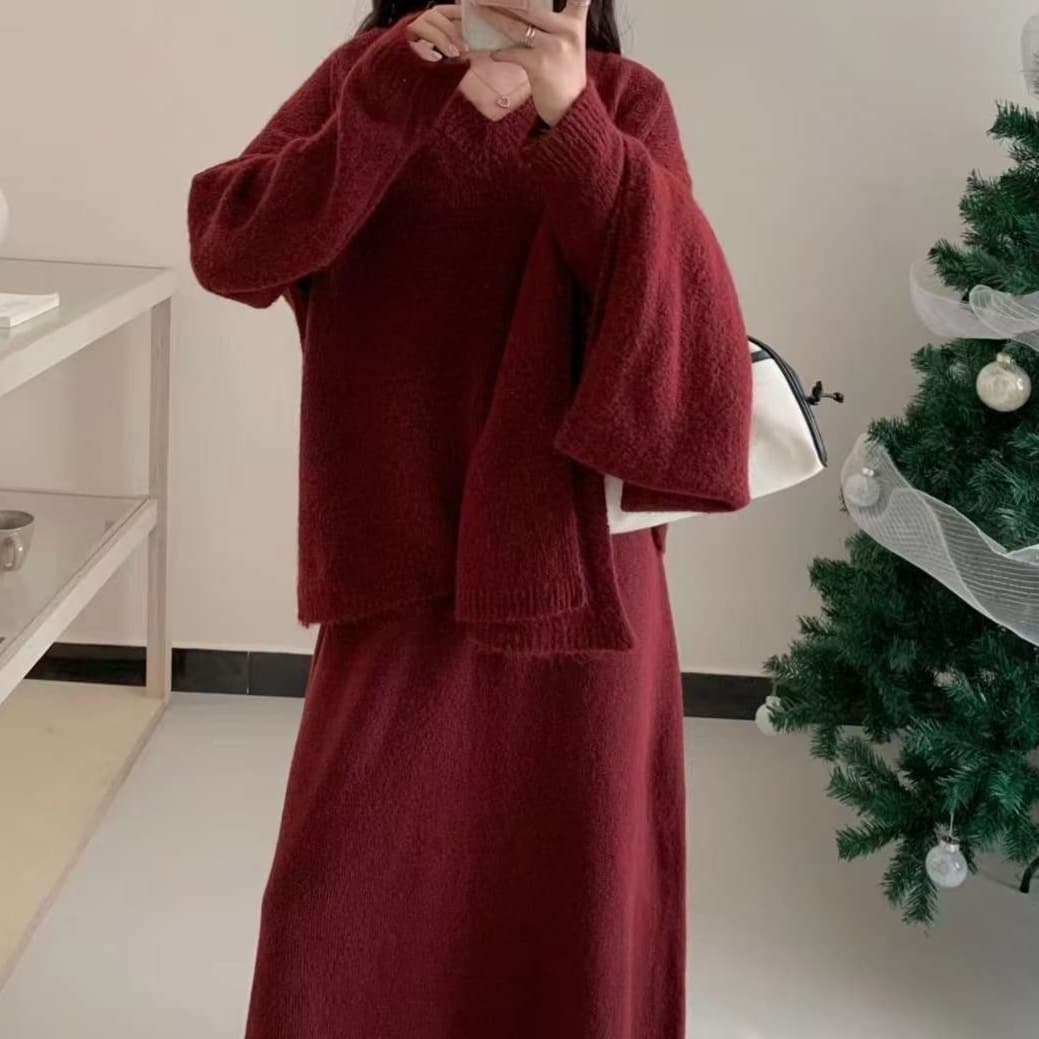 大人かわいい服 ふんわり優美ニットセットアップ