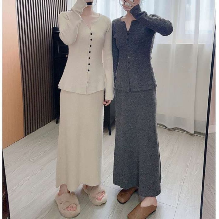 大人かわいい服 上品シルエットニットマキシセットアップ