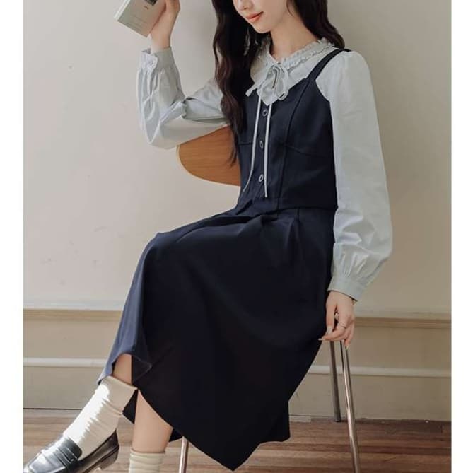 大人かわいい服 レトロ調リボン付きキャミワンピース
