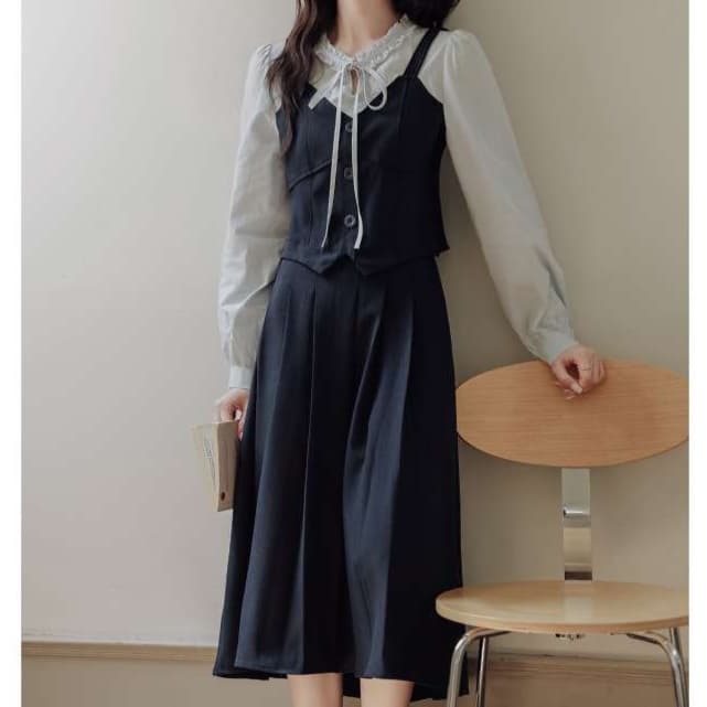 大人かわいい服 レトロ調リボン付きキャミワンピース