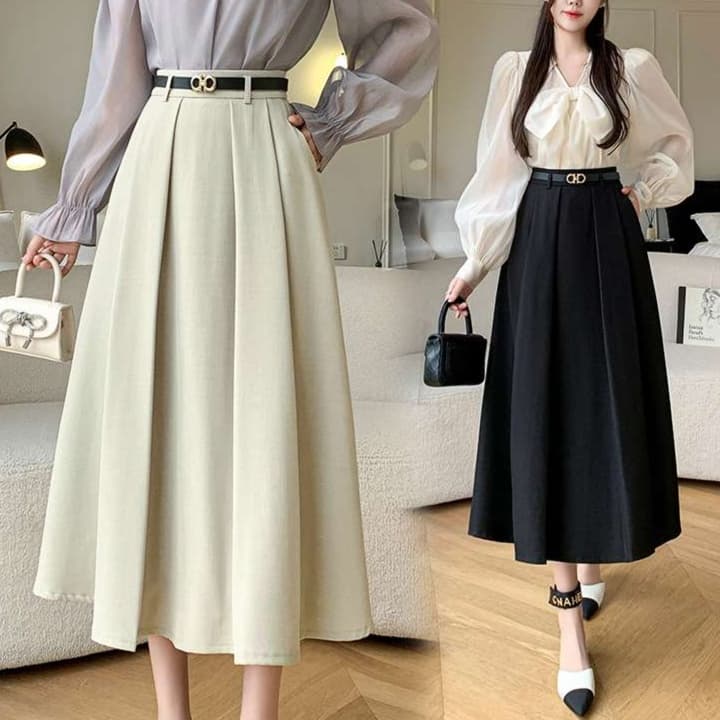 大人かわいい服 ハイウエストふんわりプリーツロングスカート