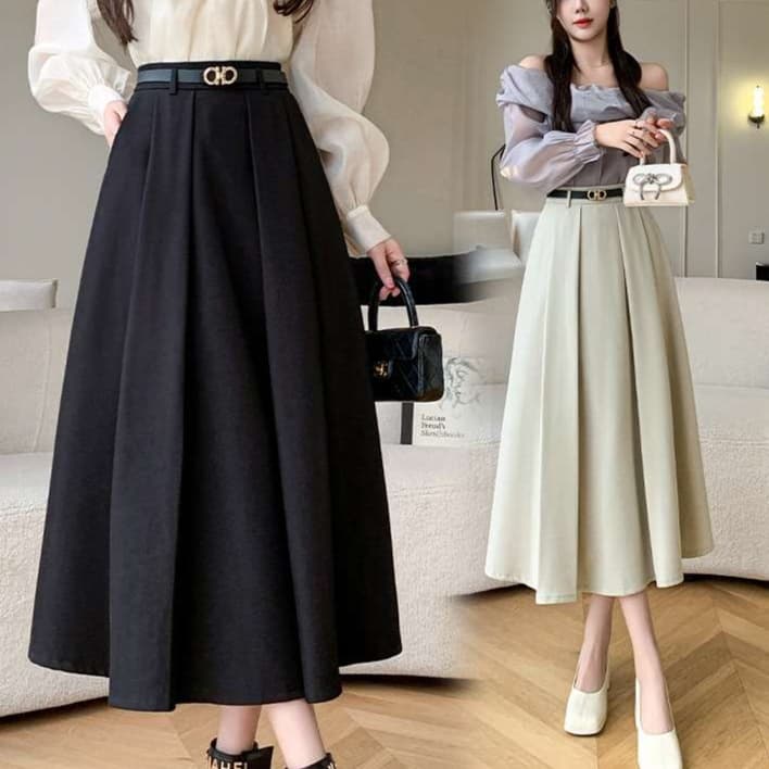 大人かわいい服 ハイウエストふんわりプリーツロングスカート