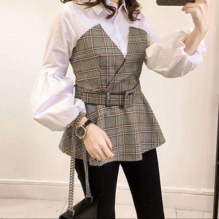 大人かわいい服 チェック柄レイヤードシャツ
