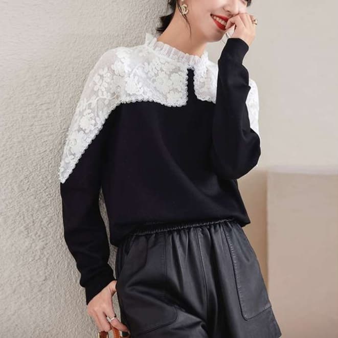 大人かわいい服 華やかレース×立体フリル  クラシックプルオーバー