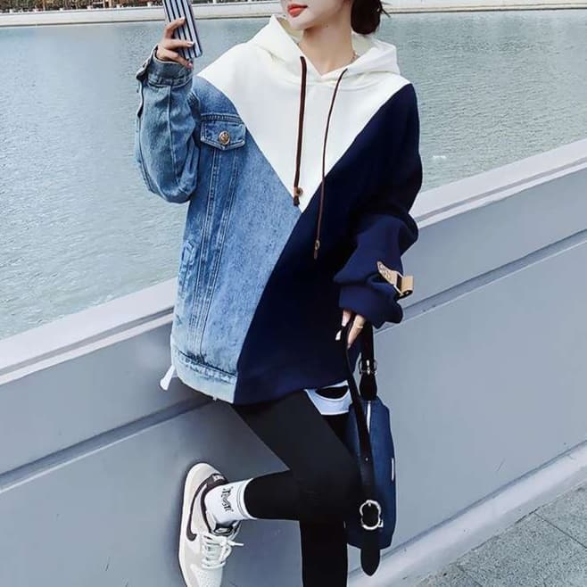 大人かわいい服 異素材切替デザインパーカー