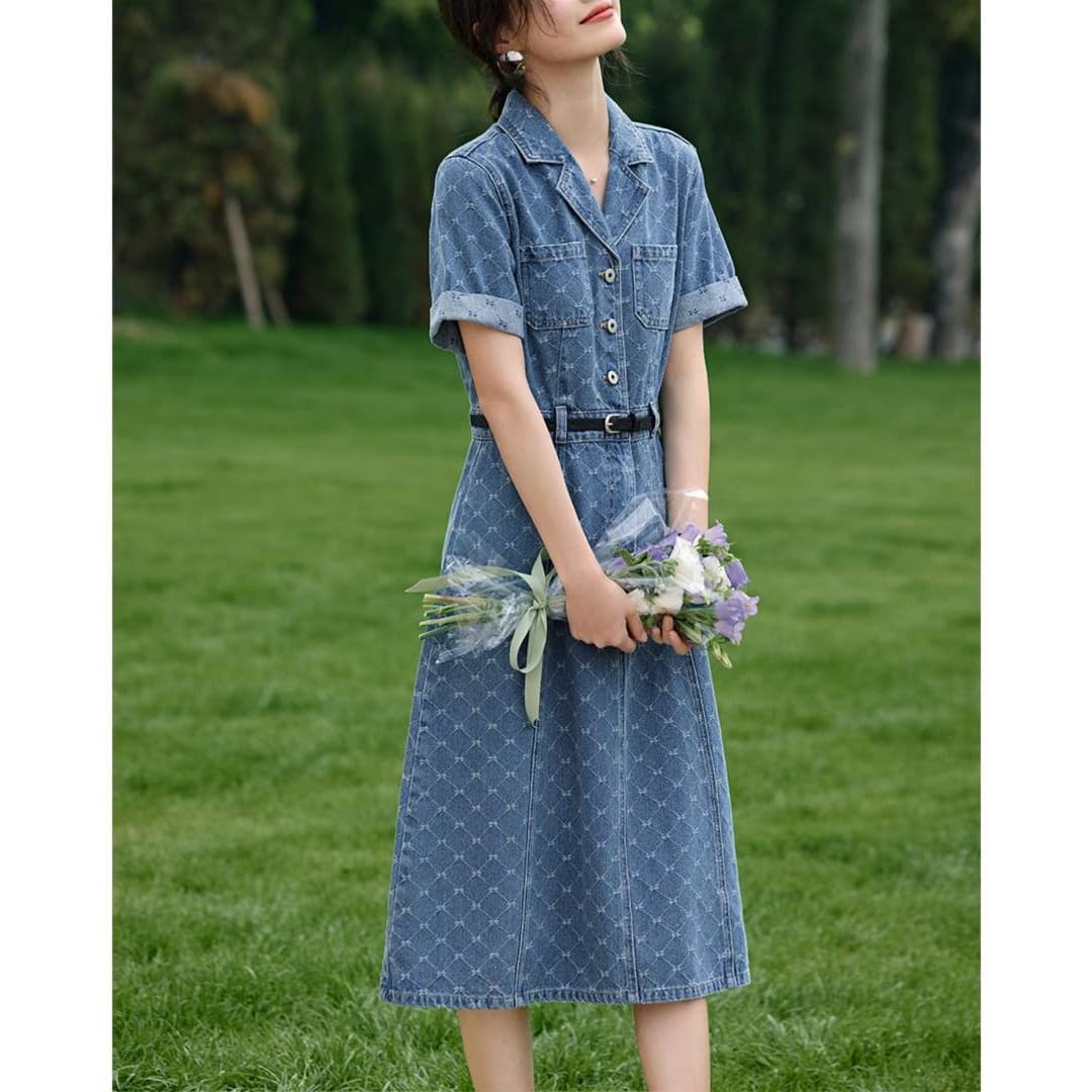 大人かわいい服 上品シルエット クラシカルデニムワンピース