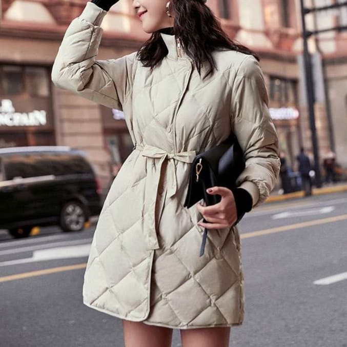 大人かわいい服 ウエストマークキルティングコート
