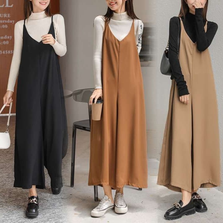 大人かわいい服 レイヤード風サロペットワンピース