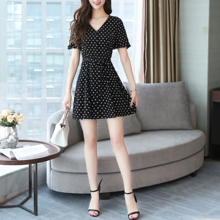 大人かわいい服 水玉シフォンフレアワンピース