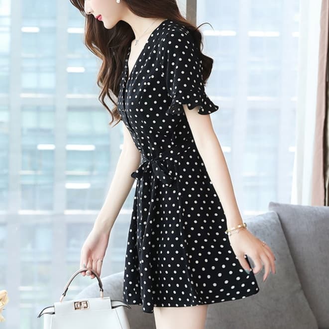 大人かわいい服 水玉シフォンフレアワンピース