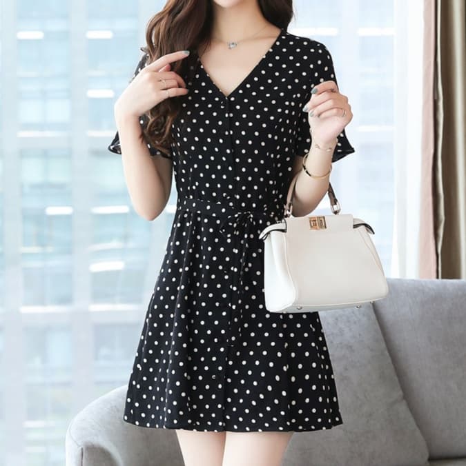 大人かわいい服 水玉シフォンフレアワンピース