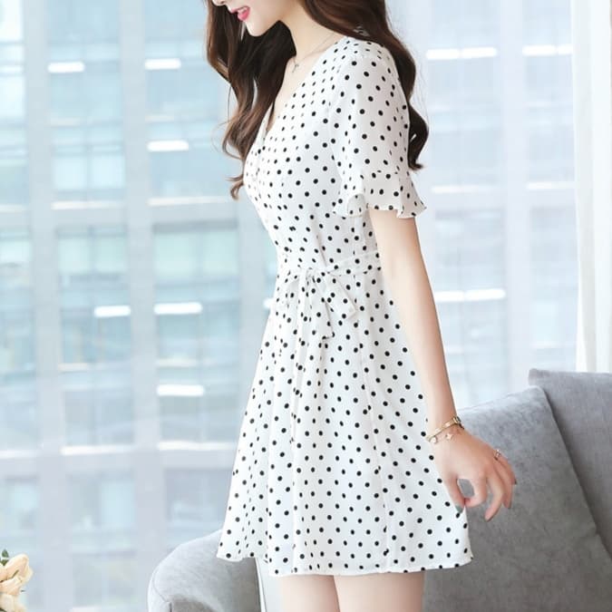 大人かわいい服 水玉シフォンフレアワンピース