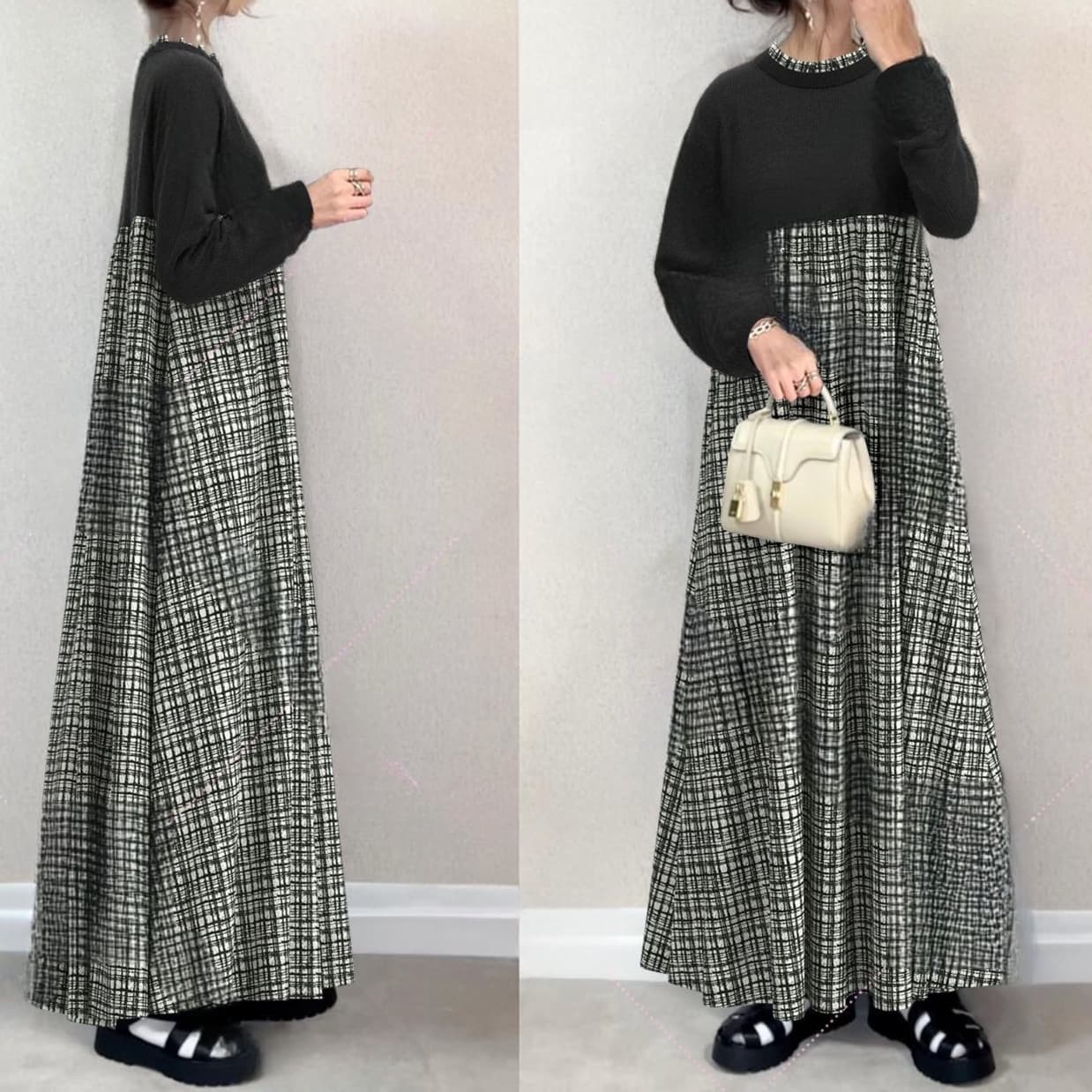大人かわいい服 ゆるニット×チェックワンピース
