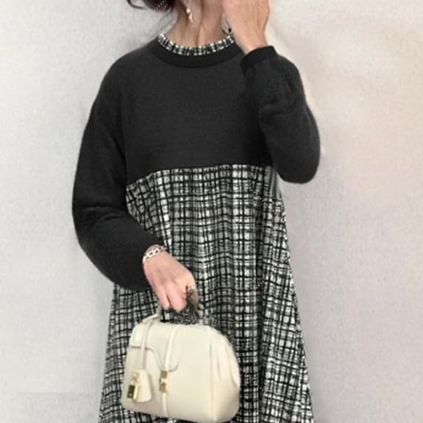 大人かわいい服 ゆるニット×チェックワンピース