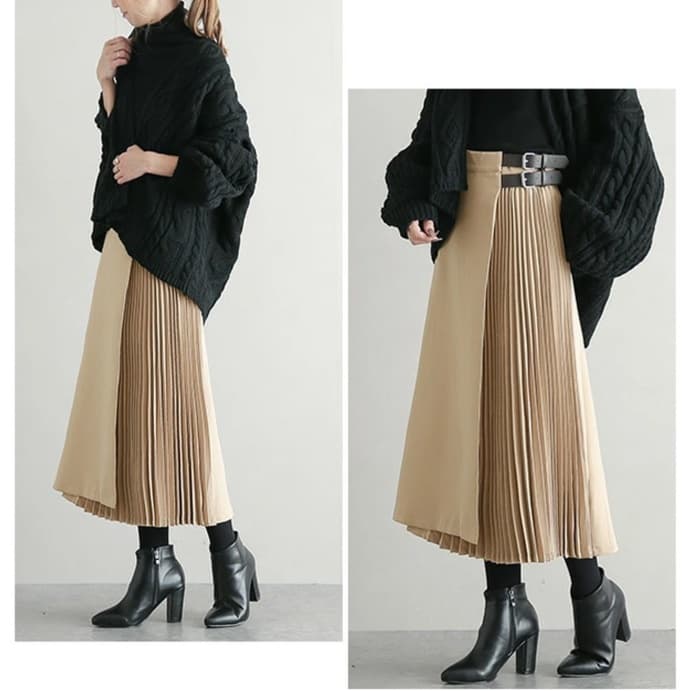 大人かわいい服 プリーツ切替ラップスカート