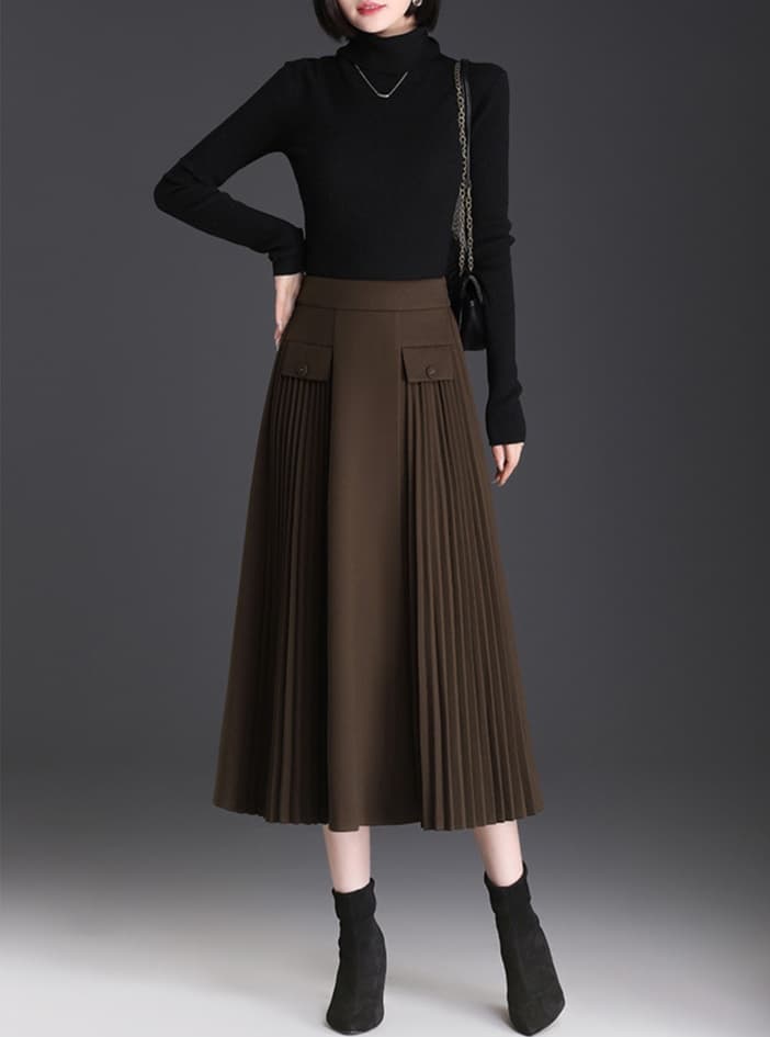 大人かわいい服 ポケット付きプリーツミモレ丈スカート