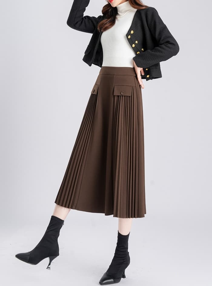大人かわいい服 ポケット付きプリーツミモレ丈スカート