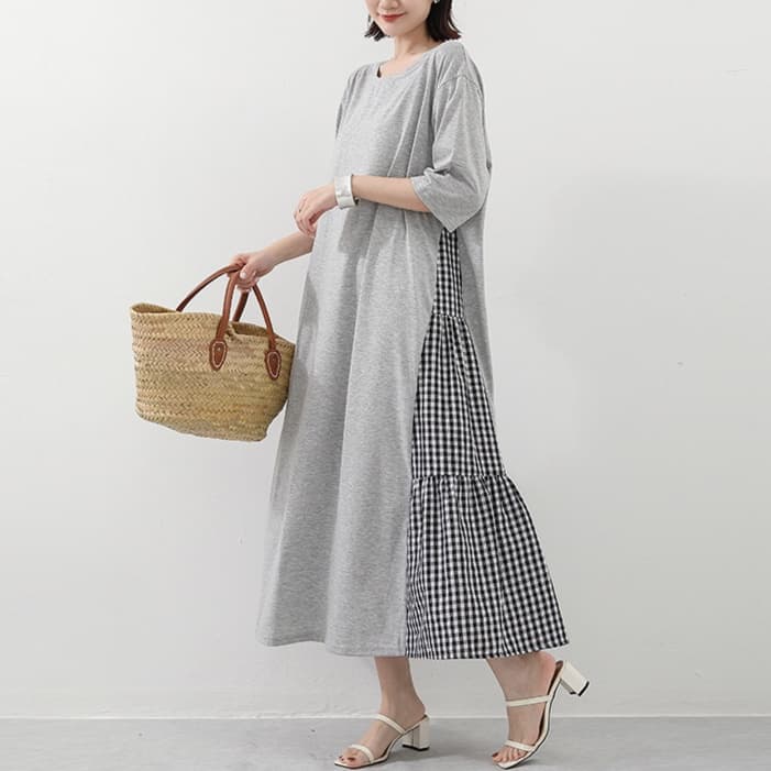 大人かわいい服 チェック切替が愛らしいゆるふわワンピース