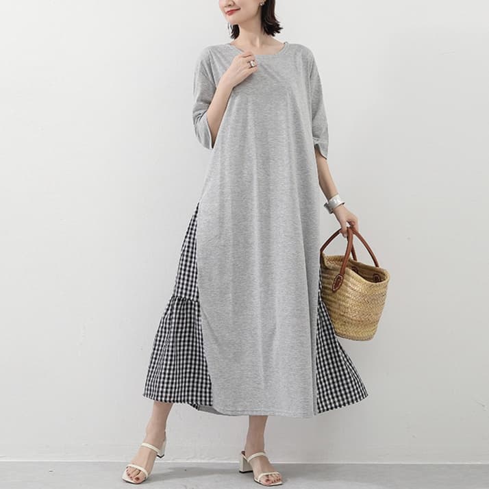 大人かわいい服 チェック切替が愛らしいゆるふわワンピース