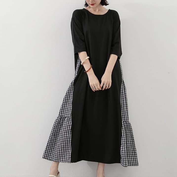 大人かわいい服 チェック切替が愛らしいゆるふわワンピース