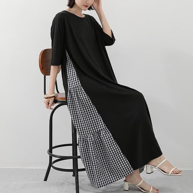 大人かわいい服 チェック切替が愛らしいゆるふわワンピース