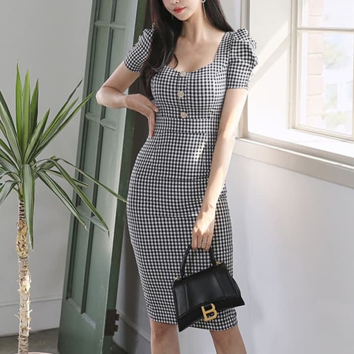 大人かわいい服 レトロ調ギンガムワンピース