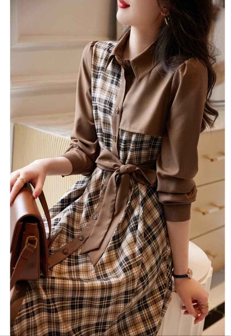 大人かわいい服 チェック柄 切替シャツワンピース