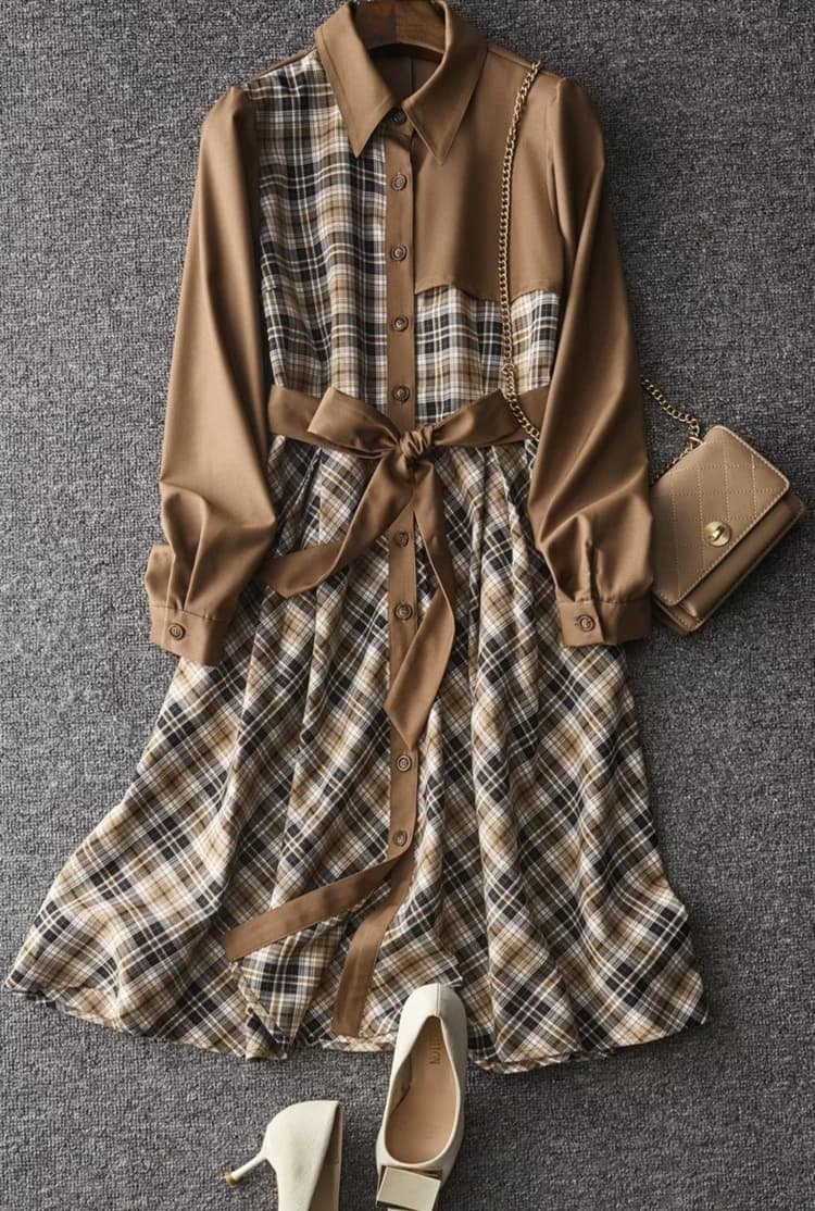 大人かわいい服 チェック柄 切替シャツワンピース