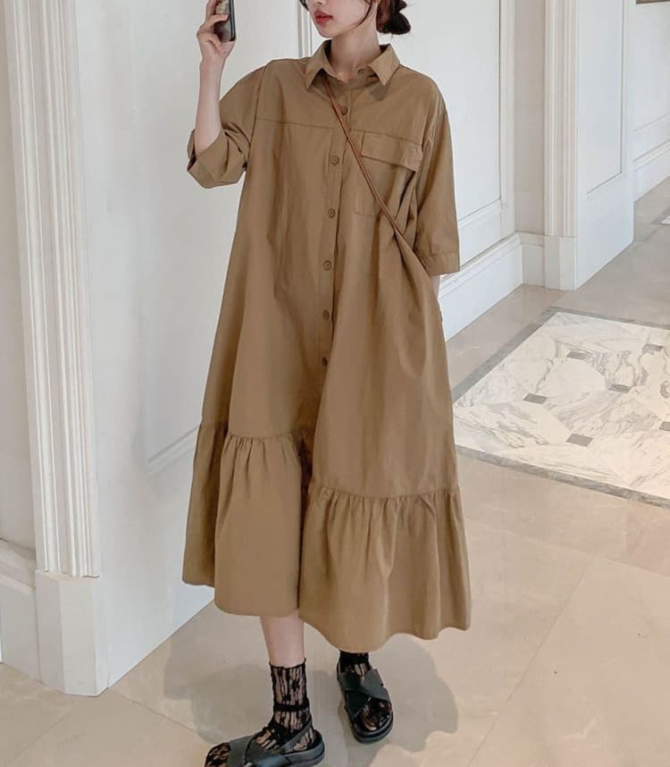 大人かわいい服 ゆったりシルエット ギャザーシャツワンピース