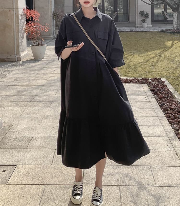 大人かわいい服 ゆったりシルエット ギャザーシャツワンピース