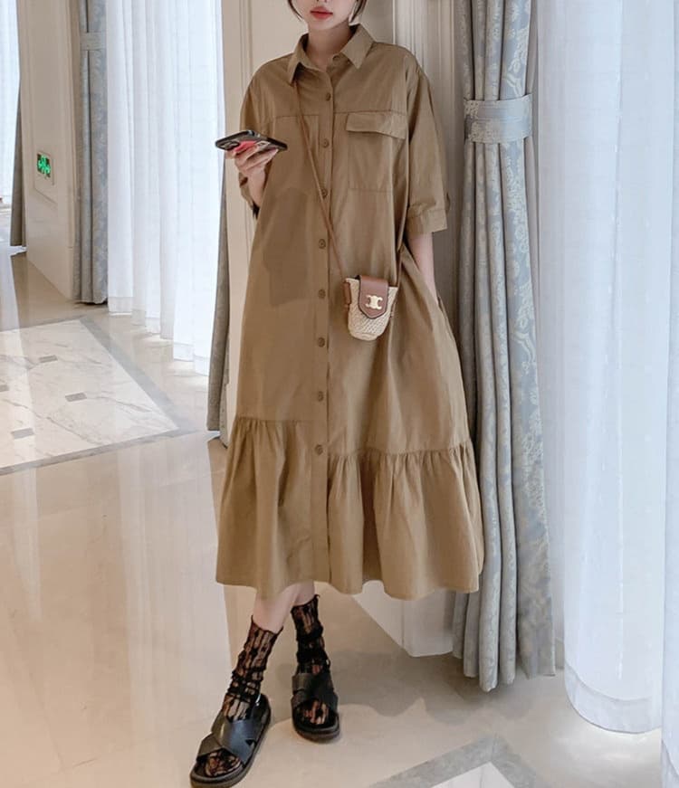 大人かわいい服 ゆったりシルエット ギャザーシャツワンピース