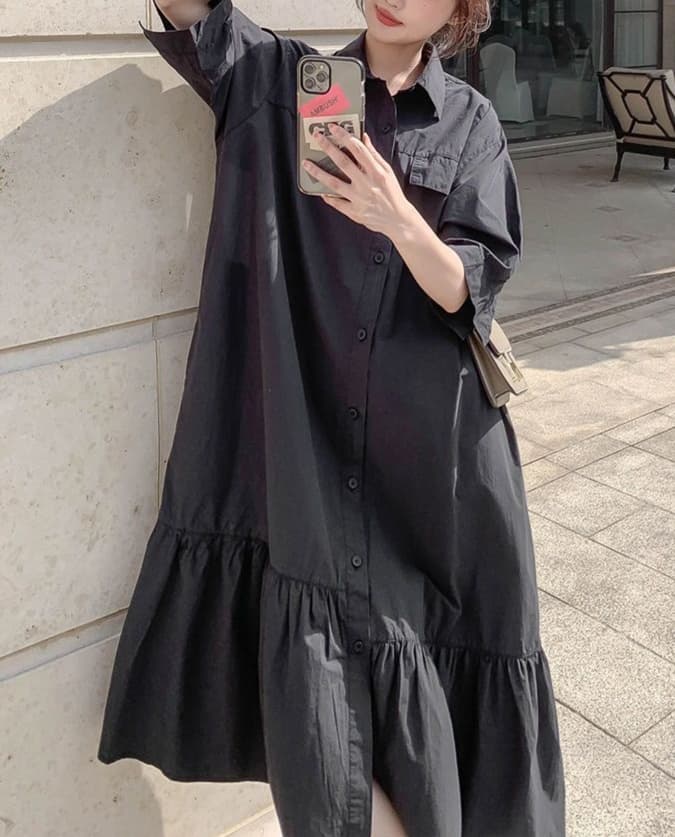 大人かわいい服 ゆったりシルエット ギャザーシャツワンピース