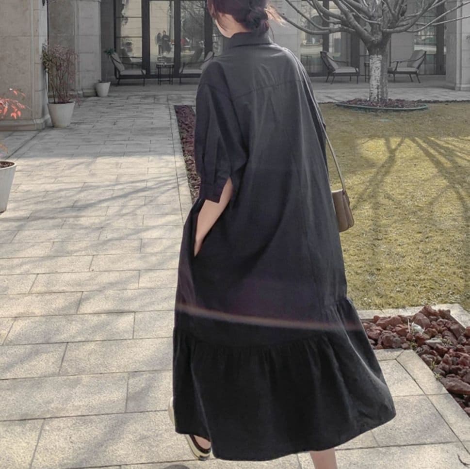 大人かわいい服 ゆったりシルエット ギャザーシャツワンピース