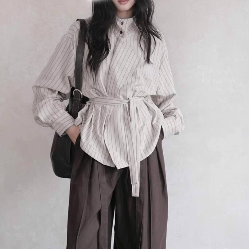 大人かわいい服 甘さ香るウエストマーク ストライプトップス