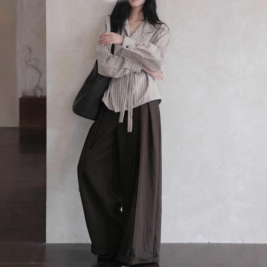 大人かわいい服 甘さ香るウエストマーク ストライプトップス