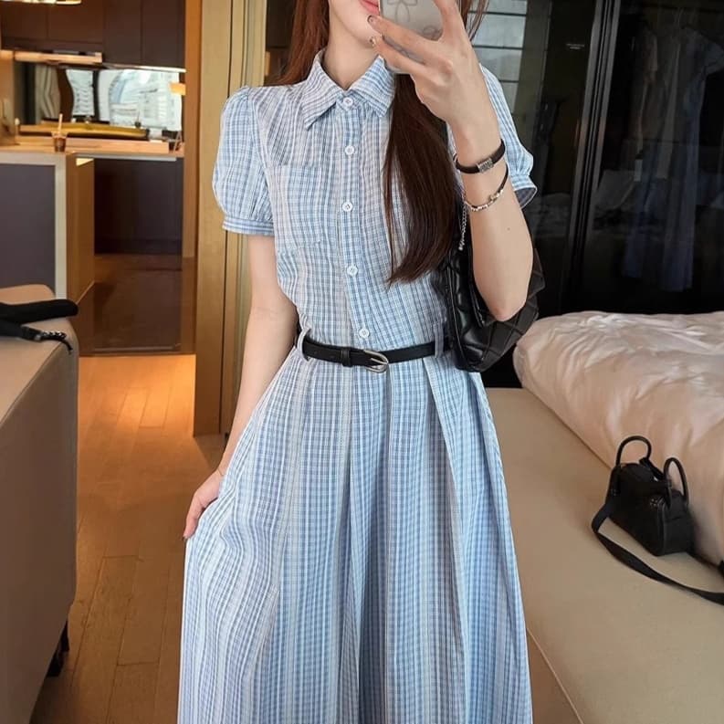 大人かわいい服 クラシカルパフスリーブ チェック柄ワンピース