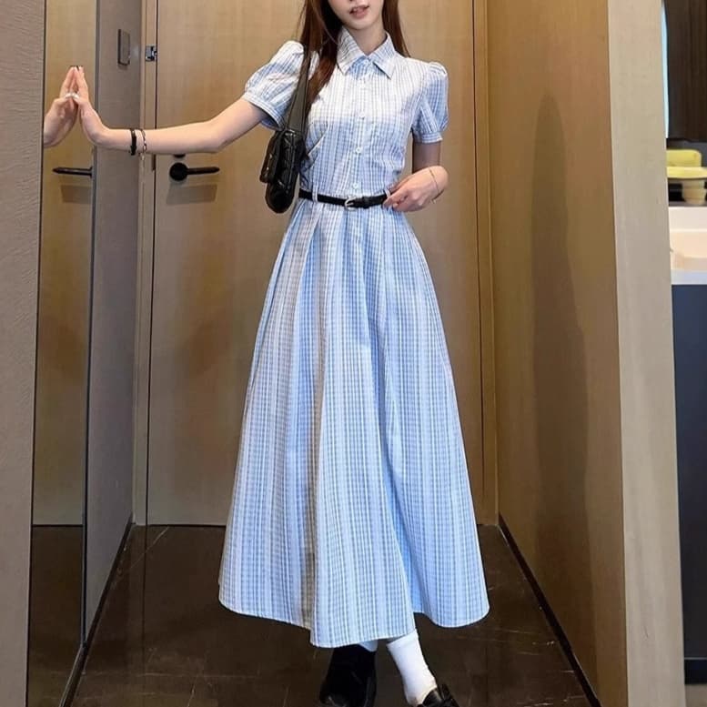 大人かわいい服 クラシカルパフスリーブ チェック柄ワンピース