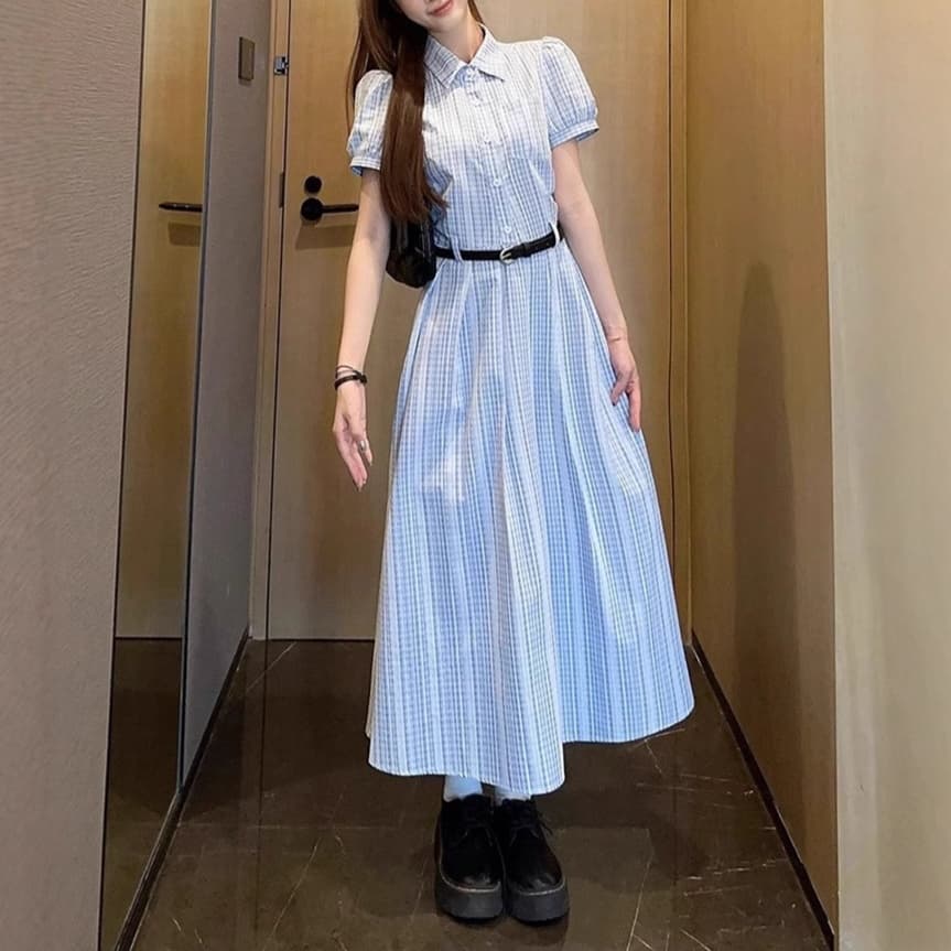 大人かわいい服 クラシカルパフスリーブ チェック柄ワンピース