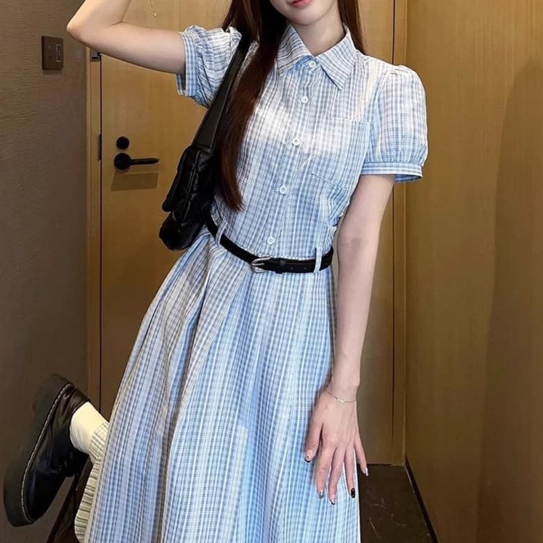 大人かわいい服 クラシカルパフスリーブ チェック柄ワンピース