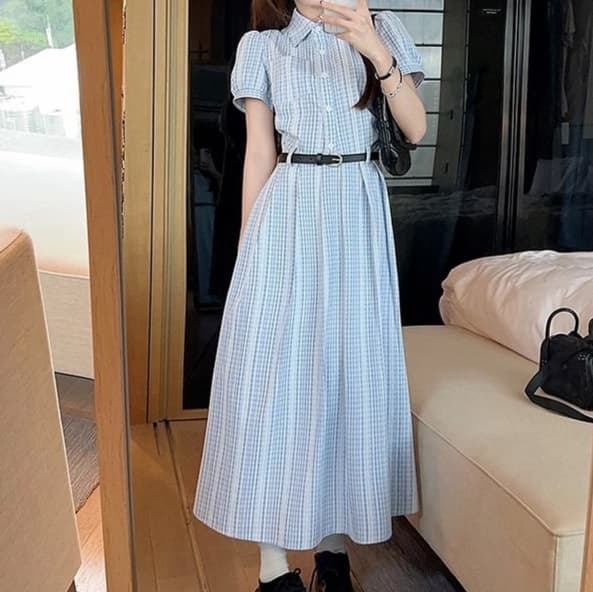 大人かわいい服 クラシカルパフスリーブ チェック柄ワンピース