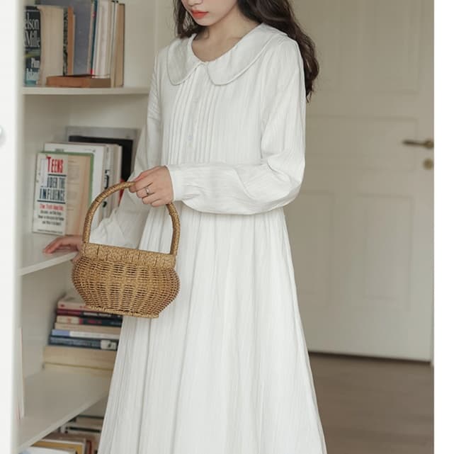 大人かわいい服 クラシカル丸襟ロングワンピース