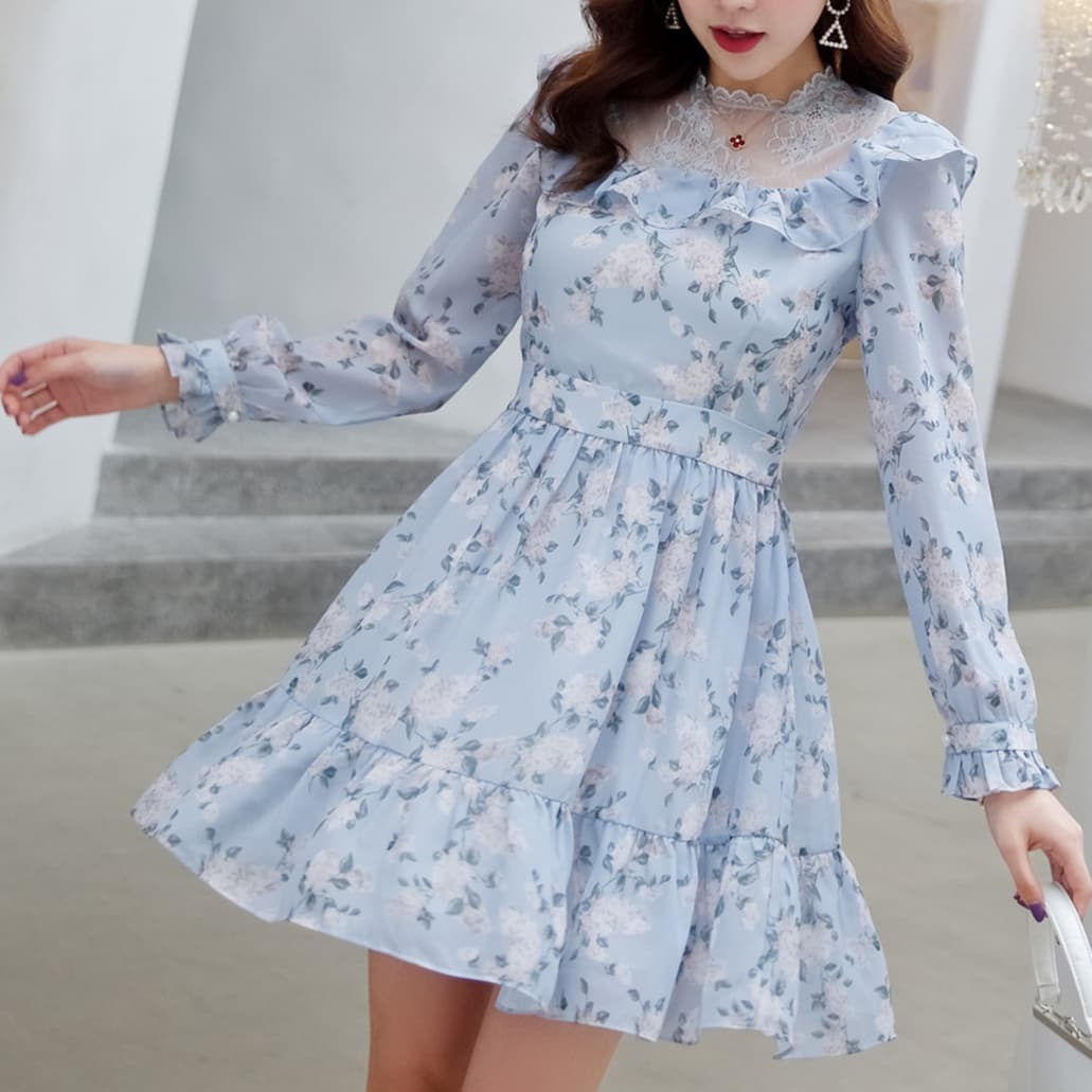 大人かわいい服 花柄レース切替ガーリーフリルワンピ