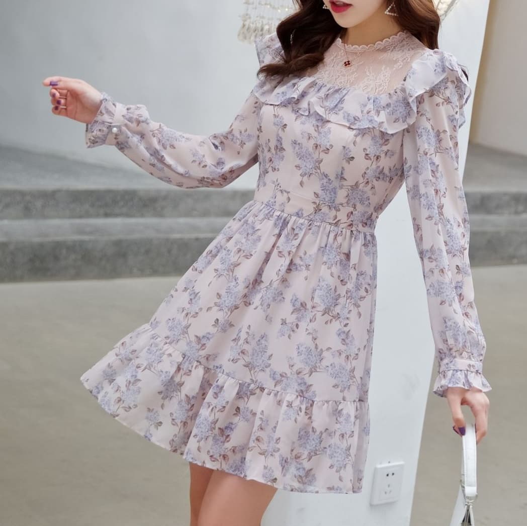 大人かわいい服 花柄レース切替ガーリーフリルワンピ