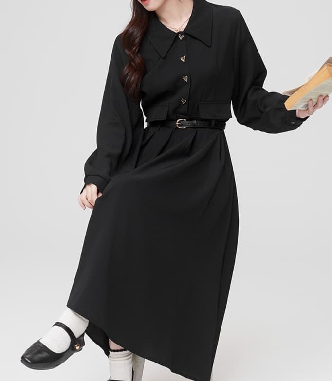 大人かわいい服 ハートボタン プリーツワンピース