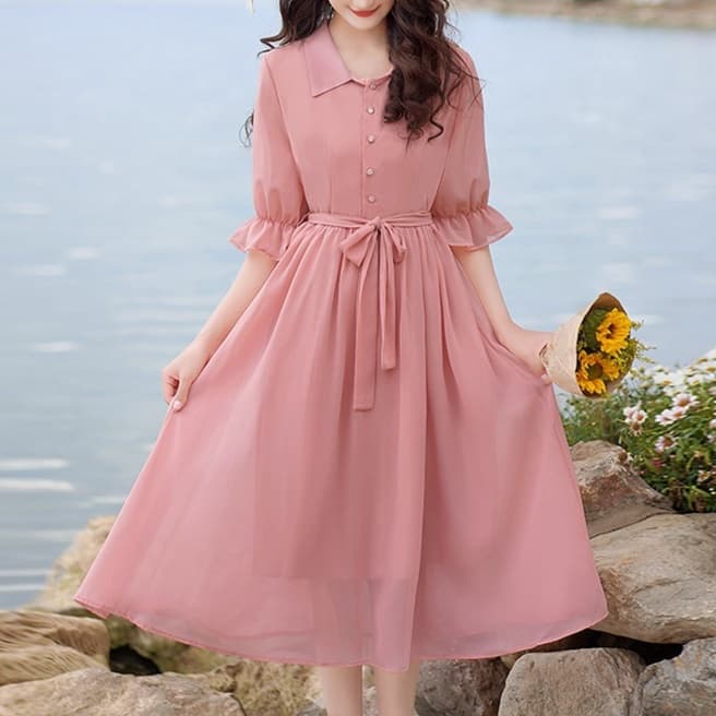 大人かわいい服 ふんわりシフォン袖フリルリボンワンピース