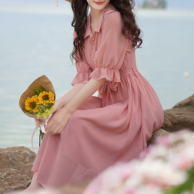 大人かわいい服 ふんわりシフォン袖フリルリボンワンピース