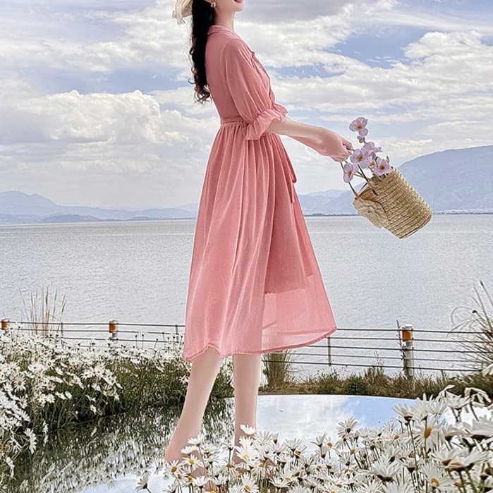 大人かわいい服 ふんわりシフォン袖フリルリボンワンピース
