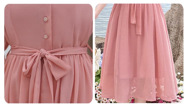 大人かわいい服 ふんわりシフォン袖フリルリボンワンピース