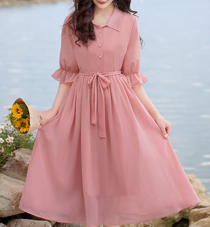 大人かわいい服 ふんわりシフォン袖フリルリボンワンピース